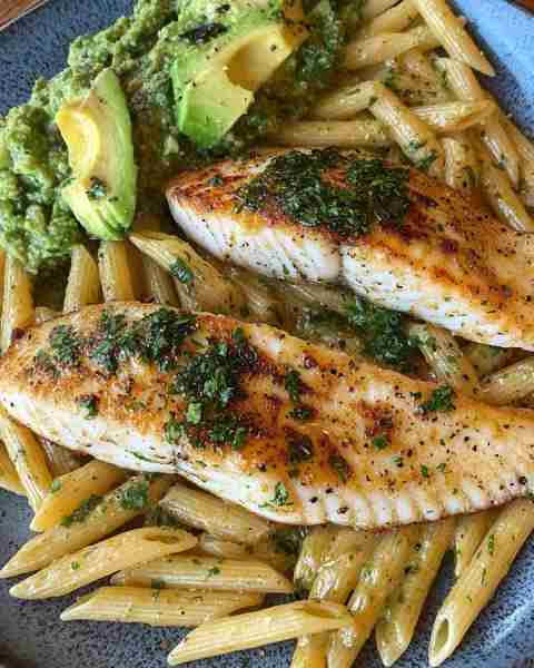 Garlic Herb Tilapia with Avocado Penne Pan-Seared Garlic Tilapia over Creamy Avocado Penne Ingredien...
