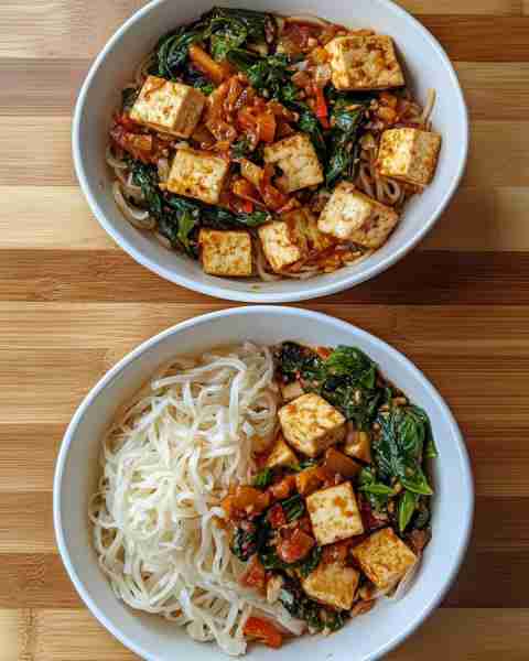 Thai Basil Tofu with Rice Noodles Spicy Thai Basil Tofu Stir-Fry with Rice Noodles Ingredients: 7 oz...