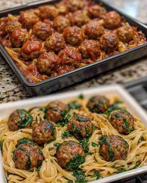 Baked Chicken Meatballs with Spinach Pasta Golden Baked Chicken Meatballs over Creamy Spinach Pasta...