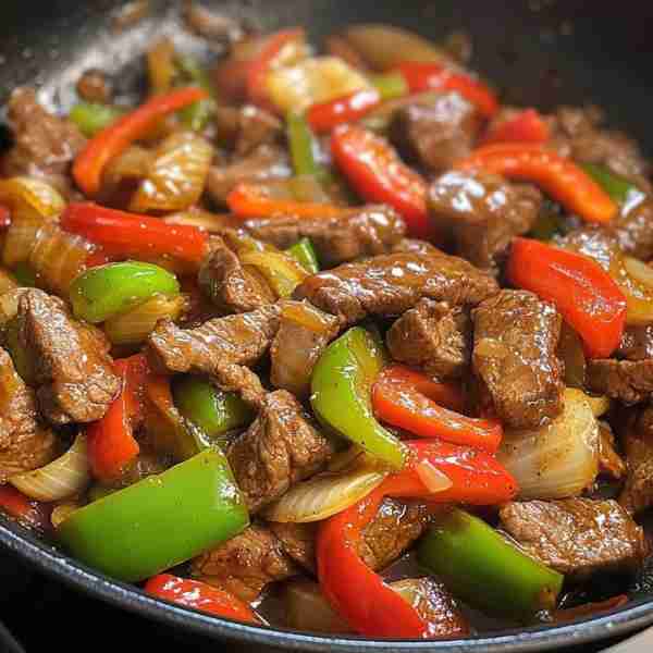 Sauté de bœuf aux poivrons et oignons Ingrédients : 500 g de bœuf (type rumsteck, filet ou bavette...