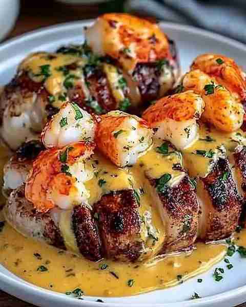 Surf and Turf Delight with Lobster Sauce 🦞🥩 Experience a culinary adventure with this Surf and Tur...