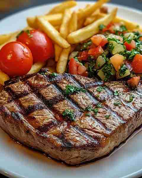 Grilled Steak with Tomato and Onion Salad and French Fries 🍅🥩🍟 Ingredients: 2 ribeye or sirloin s...