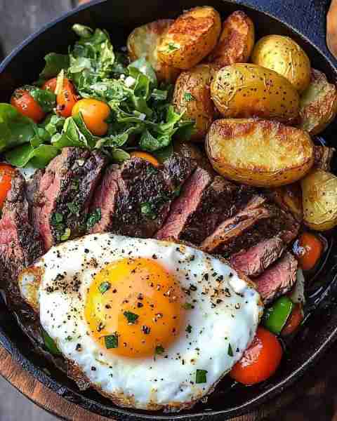 Delicious Steak and Eggs Skillet with Crispy Potatoes and Fresh Salad 🍳🥩🥗 Ingredients: 2 Eggs or...