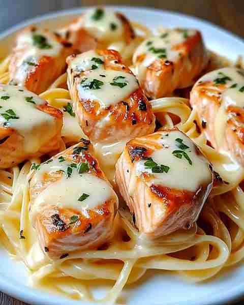 Creamy Garlic Butter Salmon Pasta 🍝🧄🐟 Ingredients: - 1 cup heavy cream - 8 oz fettuccine pasta -...