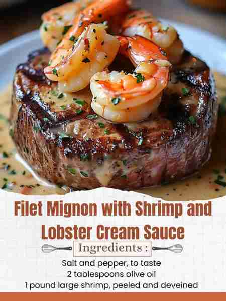 Filet Mignon with Shrimp and Lobster Cream Sauce Ingredients: 4 filet mignon steaks (6-8 ounces each...