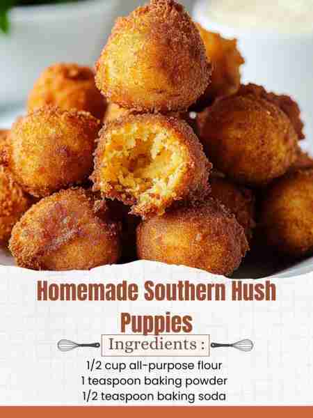 Homemade Southern Hush Puppies Ingredients: 1 cup yellow cornmeal 1/2 cup all-purpose flour 1 teaspo...