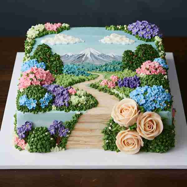 Landscape Cake🎂🌹🌸, featuring a scenic nature design with a path leading to a mountain, surrounded...