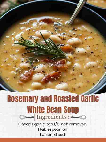 Rosemary and Roasted Garlic White Bean Soup Ingredients: For the roasted garlic: 3 heads garlic, top...