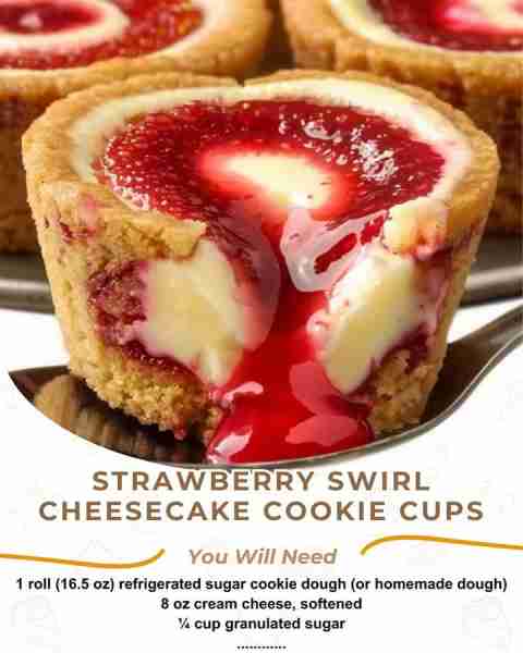 ✨ Strawberry Swirl Cheesecake Cookie Cups ✨ What Makes It Irresistible? These decadent cookie cups...