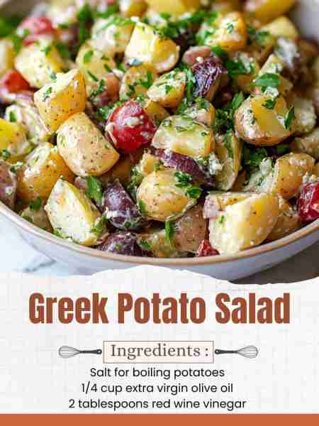 Greek Potato Salad Ingredients: 2 lbs (about 1 kg) baby potatoes, halved Salt for boiling potatoes 1...