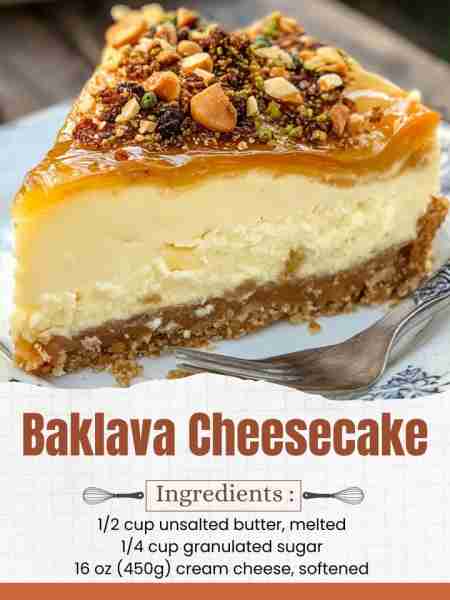 Baklava Cheesecake Ingredients: 1 1/2 cups graham cracker crumbs 1/2 cup unsalted butter, melted 1/4...