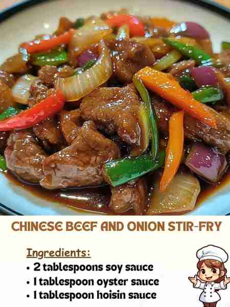 Chinese Beef and Onion Stir-Fry Ingredients: 2 tablespoons soy sauce 1 tablespoon oyster sauce 1 ta...