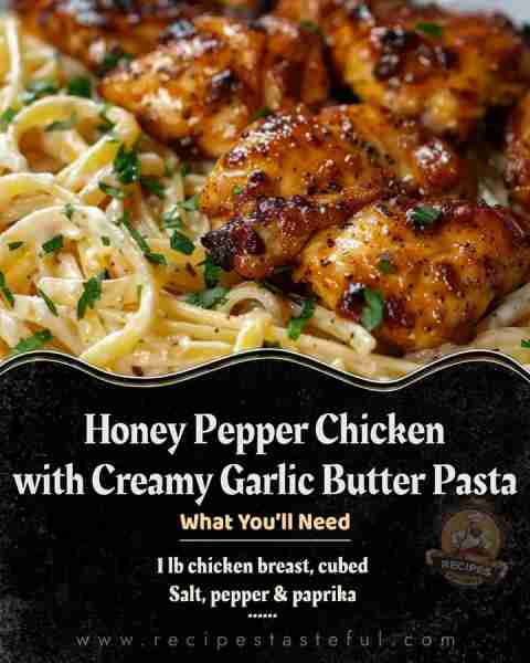 Honey Pepper Chicken with Creamy Garlic Butter Pasta 🍯🐔🧄🍝 Ingredients: For the Chicken Bites: 1...