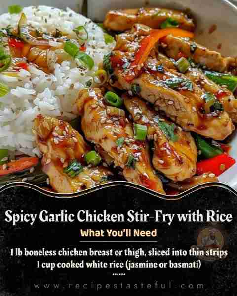 Spicy Garlic Chicken Stir-Fry with Rice 🌶️🥢 Your quick weeknight dinner fix just got a major glow-u...