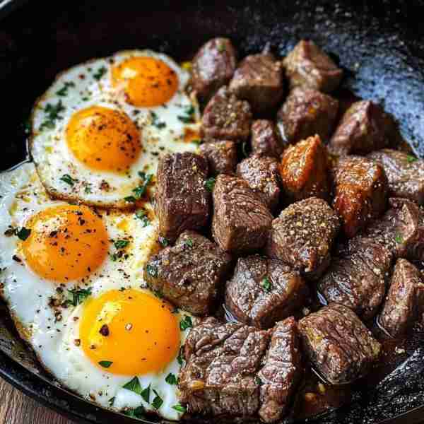 Steak and Eggs Skillet Ingredients: 2 beef steaks (sirloin, ribeye, or your preferred cut) 3 large e...