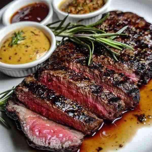 🔥 Garlic Herb Butter Steak with Trio of Sauces 🥩 A juicy, flame-kissed steak seared to perfection...