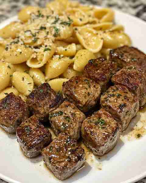 Garlic Herb Steak Cubes with Creamy Shell Pasta Ingredients: For the Steak Bites: 1.5 lbs sirloin st...
