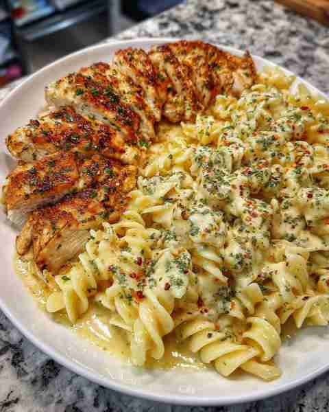 CREAMY GARLIC PARMESAN CHICKEN WITH CHEESY TWISTED PASTA Ingredients: 2 boneless, skinless chicken b...