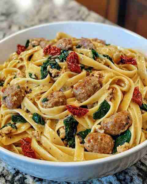 Easy Creamy Garlic Sausage Fettuccine One-Pot Dinner Ingredients: 12 oz fettuccine pasta 1 lb Italia...