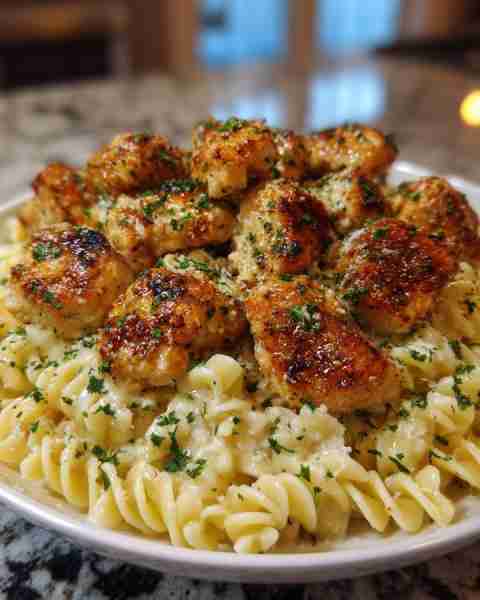GARLIC PARMESAN CHICKEN BITES OVER CREAMY CAJUN TWISTED PASTA Ingredients: 1 lb boneless, skinless c...