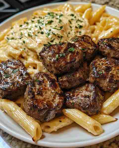CREAMY GARLIC PARMESAN STEAK BITES WITH CAJUN PENNE ALFREDO PASTA Ingredients: 1½ lbs sirloin or rib...