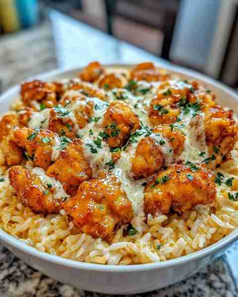 HONEY GARLIC CHICKEN BITES OVER CREAMY RICE Ingredients: 1½ lbs boneless, skinless chicken breasts,...