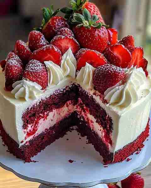 Red Velvet Strawberry Cheesecake 🍓🎂 A stunning combination of rich red velvet, creamy cheesecake,...