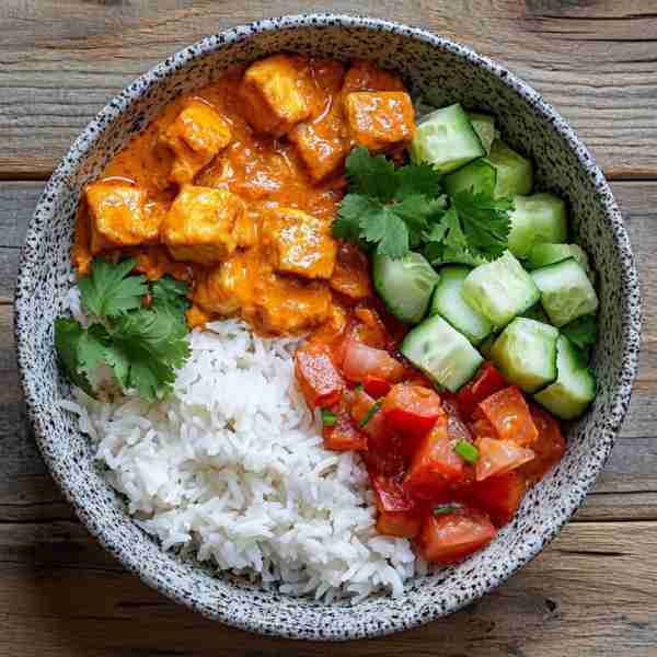 Spiced Butter Chicken Rice Bowl with Fresh Tomato-Cucumber Salsa 🍛🍅🥒🍚 Prep Time: 20 min Cook Tim...