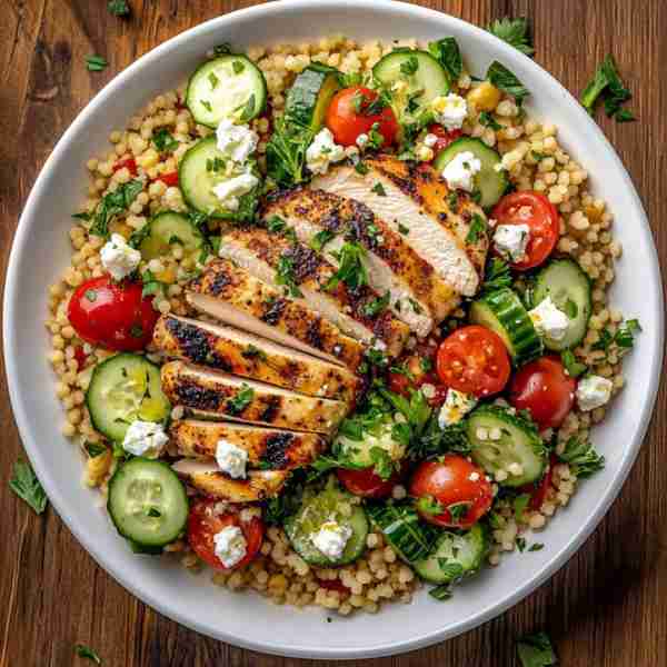 Super Fresh Mediterranean Chicken Couscous Bowl 🐔🍋🥒🍅 Prep Time: 20 min Cook Time: 25 min Serving...