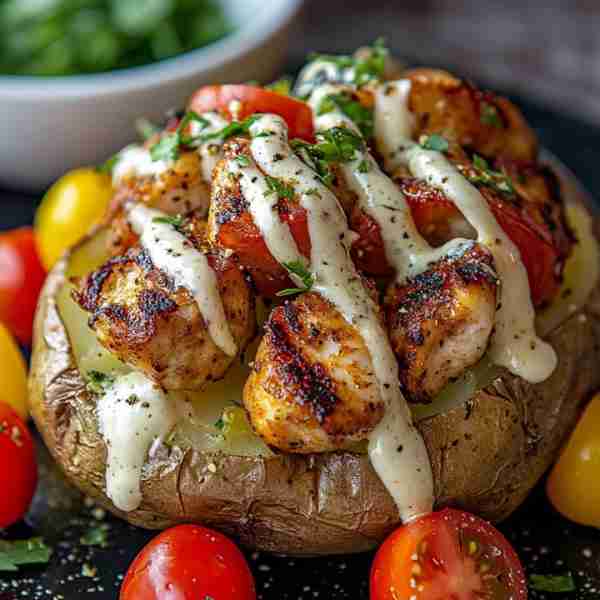 🥔 Loaded Baked Potato with Grilled Chicken & Garlic Sauce 🍗🧄 Prep Time: 15 mins Cook Time: 45 min...