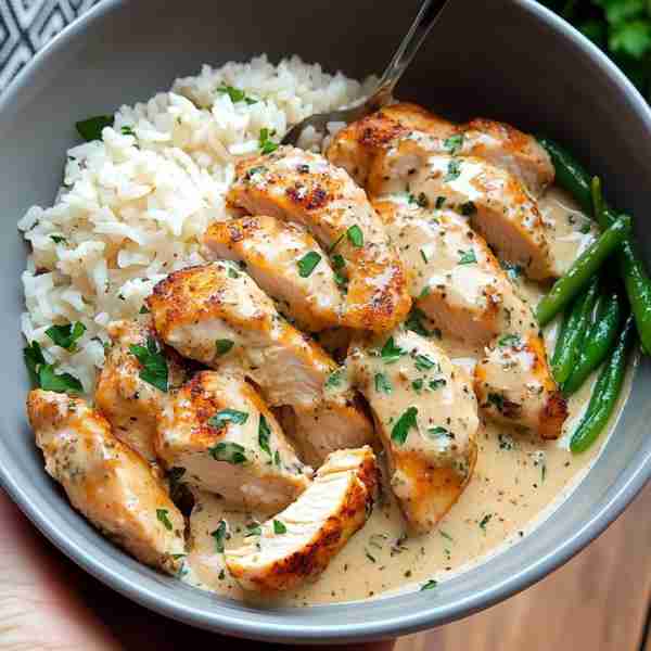 🍗 Creamy Garlic Herb Chicken with Rice & Green Beans 🧄🌿 Prep Time: 15 mins Cook Time: 25 mins Ser...