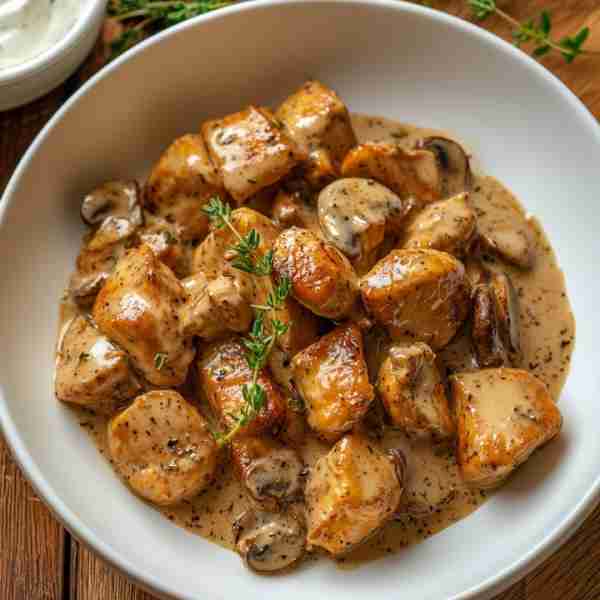 🍄 Creamy Herb Chicken Bites with Mushrooms 🧄✨ Prep Time: 15 min Cooking Time: 25 min Servings: 2...