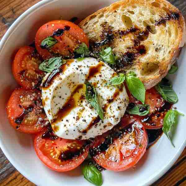 🍅 Next-Level Burrata Caprese with Balsamic Glaze 🧀🌿 Prep Time: 10 mins Cook Time: — Servings: 2 C...