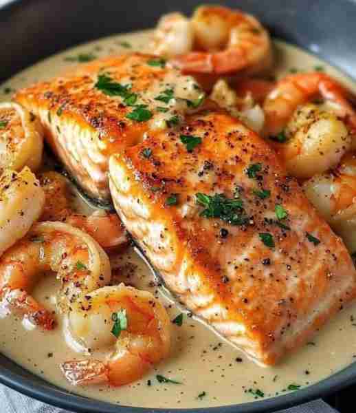Creamy Garlic Butter Salmon & Shrimp Skillet 🧄🧈🐟🍤 Servings: 4 Prep Time: 15 mins Cook Time: 20 m...
