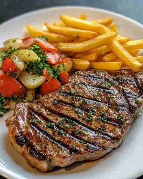 GRILLED STEAK WITH TOMATO AND ONION SALAD AND FRENCH FRIES 🥩🍅🍟✨ For the Grilled Steak: 2 ribeye...