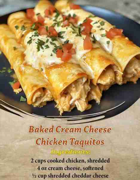 Baked Cream Cheese Chicken Taquitos Ingredients: 2 cups cooked chicken, shredded 4 oz cream cheese,...
