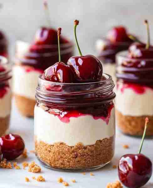 A cherry cheesecake in a jar. Ingredients: For the crust: 1 1/2 cups graham cracker crumbs 1/4 cup...