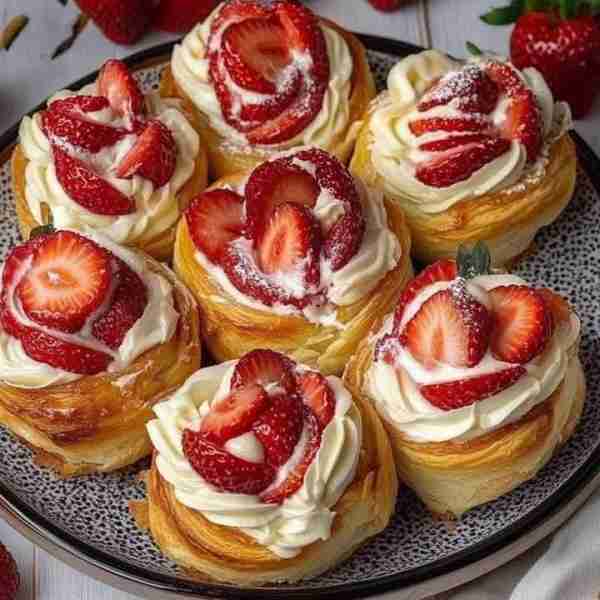 Strawberry and Cream Cinnamon Rolls with Strawberry Filling 🍓🍰 These delicious rolls are a delight...