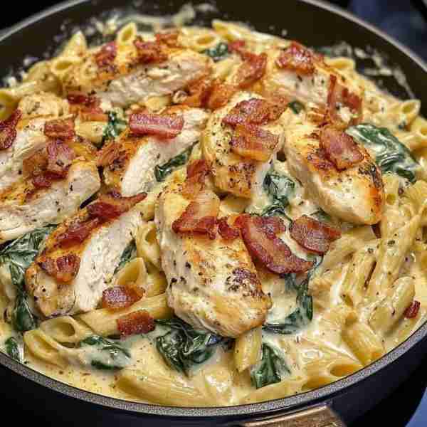 🍗🧄 Creamy Tuscan Chicken Pasta with Spinach & Crispy Bacon 🍝🥓 This one-skillet pasta brings the...