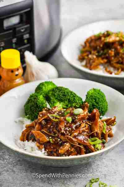 Slow cooker honey garlic chicken served over rice delivers food truck flavor right from your home ki...