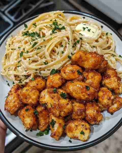 Honey Pepper Chicken with Creamy Garlic Butter Pasta 🍯🐔🧄🍝 Ingredients: For the Chicken Bites: 1...