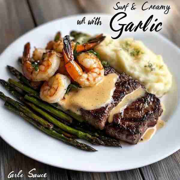 Surf and Turf with Creamy Garlic Sauce Ingredients: For the Steak & Shrimp: • 2 ribeye or filet mign...