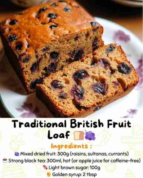 Traditional British Fruit Loaf 🍞🍇 A moist, spiced tea loaf packed with plump dried fruit—perfect s...