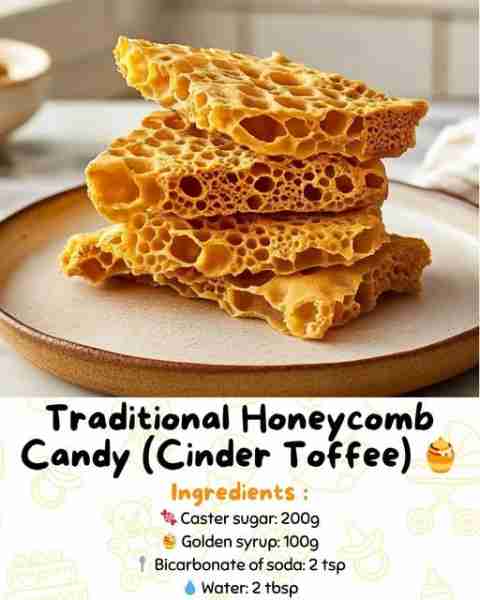 Traditional Honeycomb Candy (Cinder Toffee) 🍯🍬 A light, crunchy British classic with a golden hone...