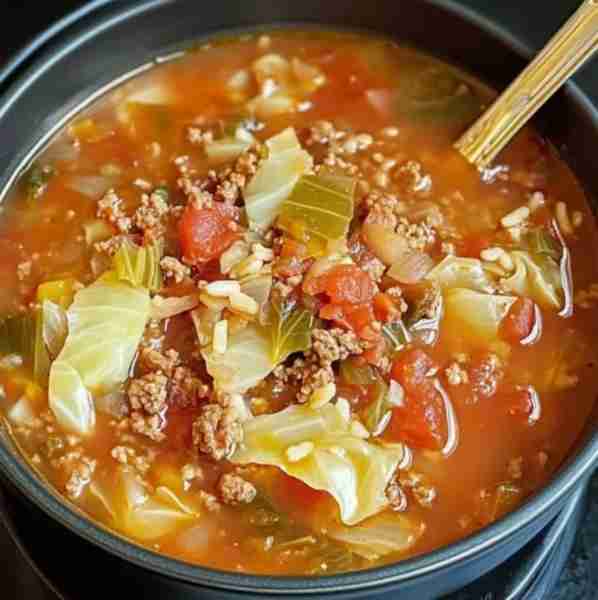 Cabbage Roll Soup 🥬🍅🥣 Ingredients: 1 lb ground beef 1/2 onion (chopped) 3 cups chopped cabbage 1...