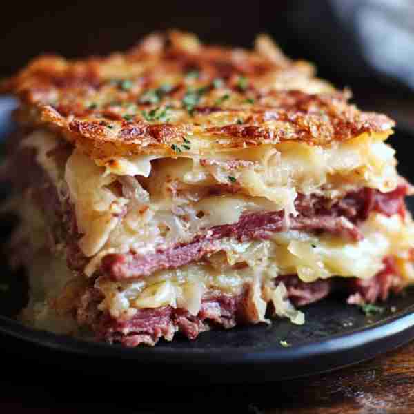 Savory Reuben Bake with Layers of Corned Beef, Sauerkraut, and Swiss Cheese Ingredients: 1 pound sli...