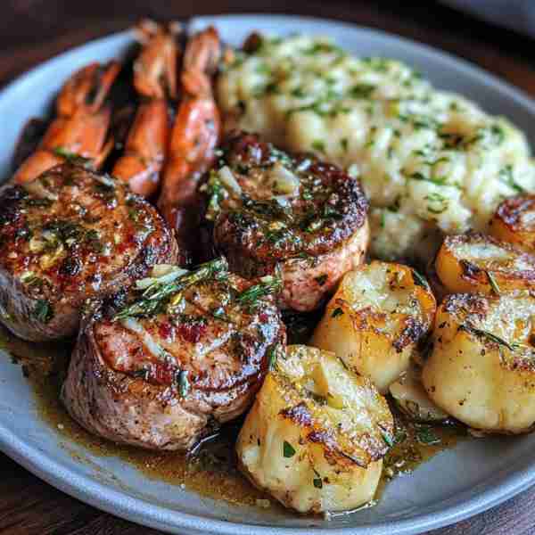 Surf & Turf with Garlic Butter Sauce Ingredients: 2 filet mignon steaks 8 large shrimp, peeled and d...