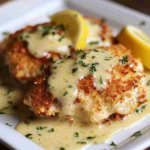 Lemon Pecorino Crusted Chicken with Creamy Lemon Sauce Ingredients: 4 boneless, skinless chicken bre...