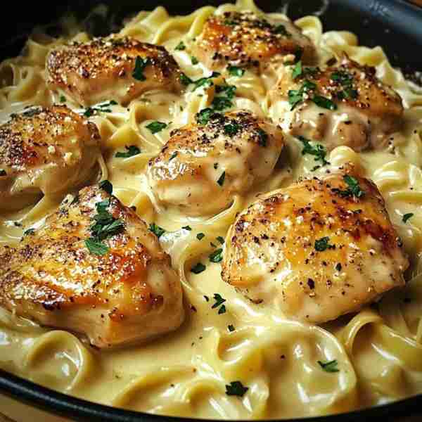 ONE-PAN CHICKEN WITH CREAMY BUTTERED NOODLES Ingredients: 4 boneless, skinless chicken breasts 2 tab...