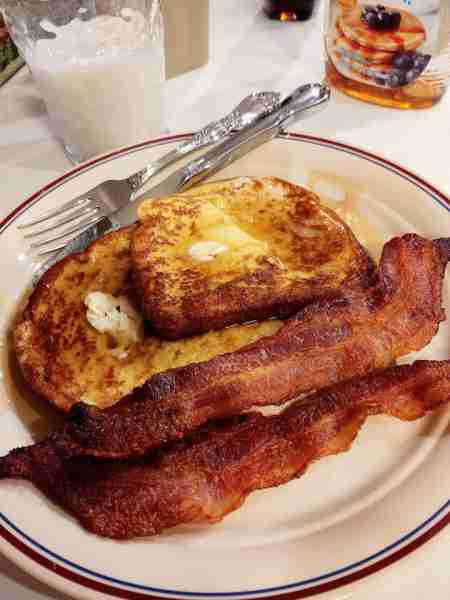 Husband made my favorite breakfast of French toast and crisp bacon. A little milk and a lot of coffe...